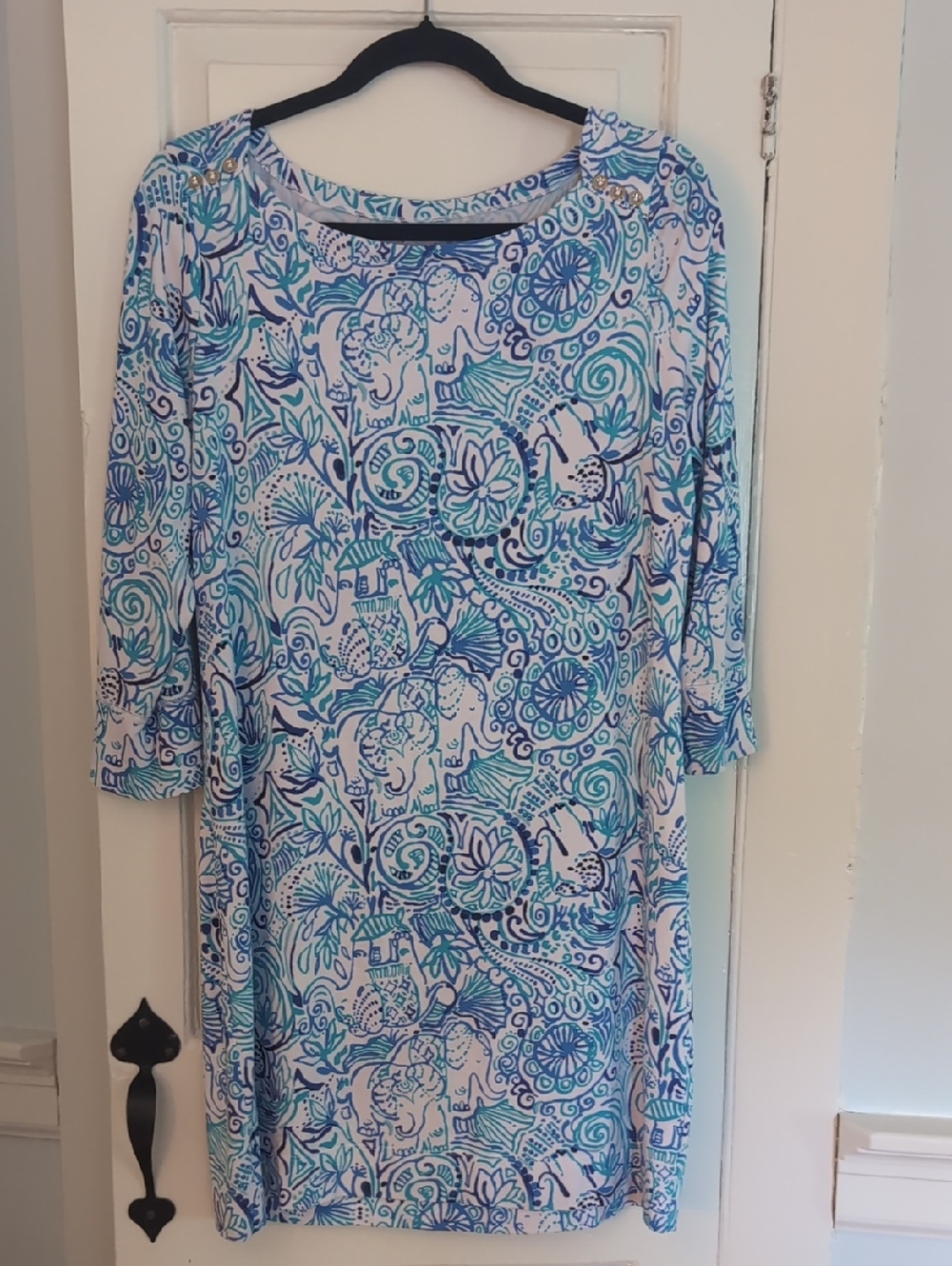 Lilly Pulitzer White Dress with Blue & Teal Floral Elephant Print